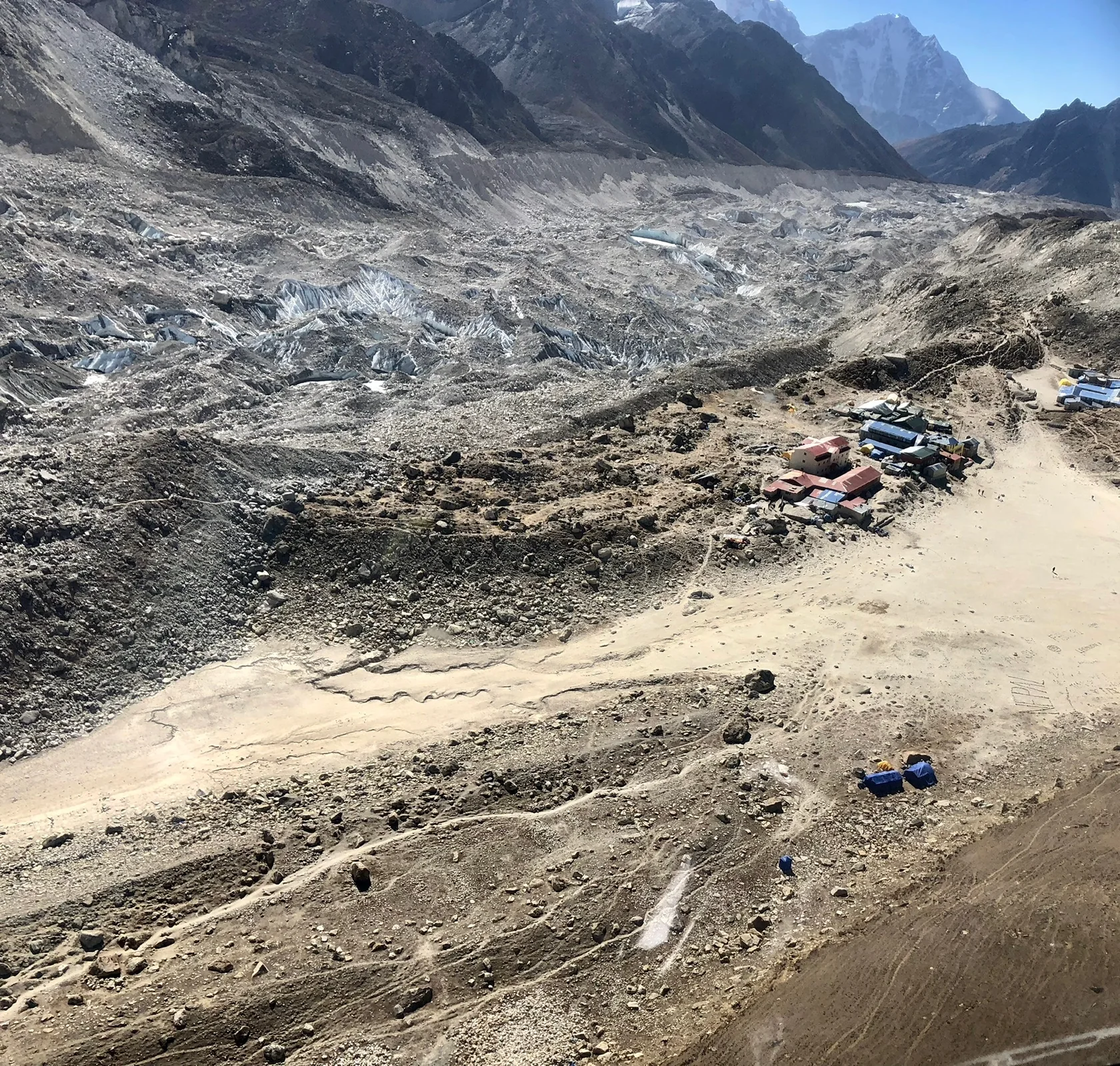 Gorak Shep settlement and glacier moraine seen from above