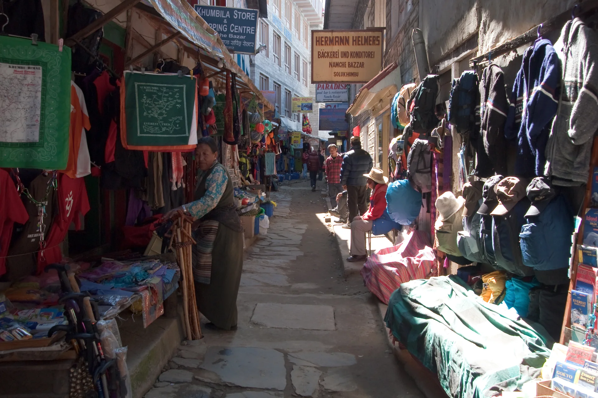 A shopping street at ground level in Namche Bazaar